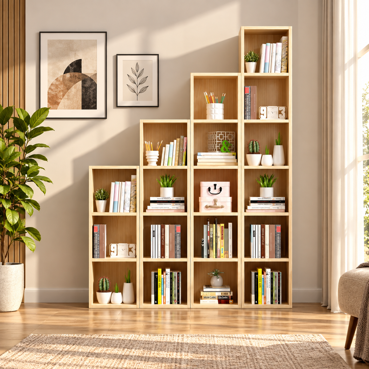 Modern Step-Style Open Bookcase with Multi-Level Display Shelves for Books, Décor, Plants and Everyday Storage