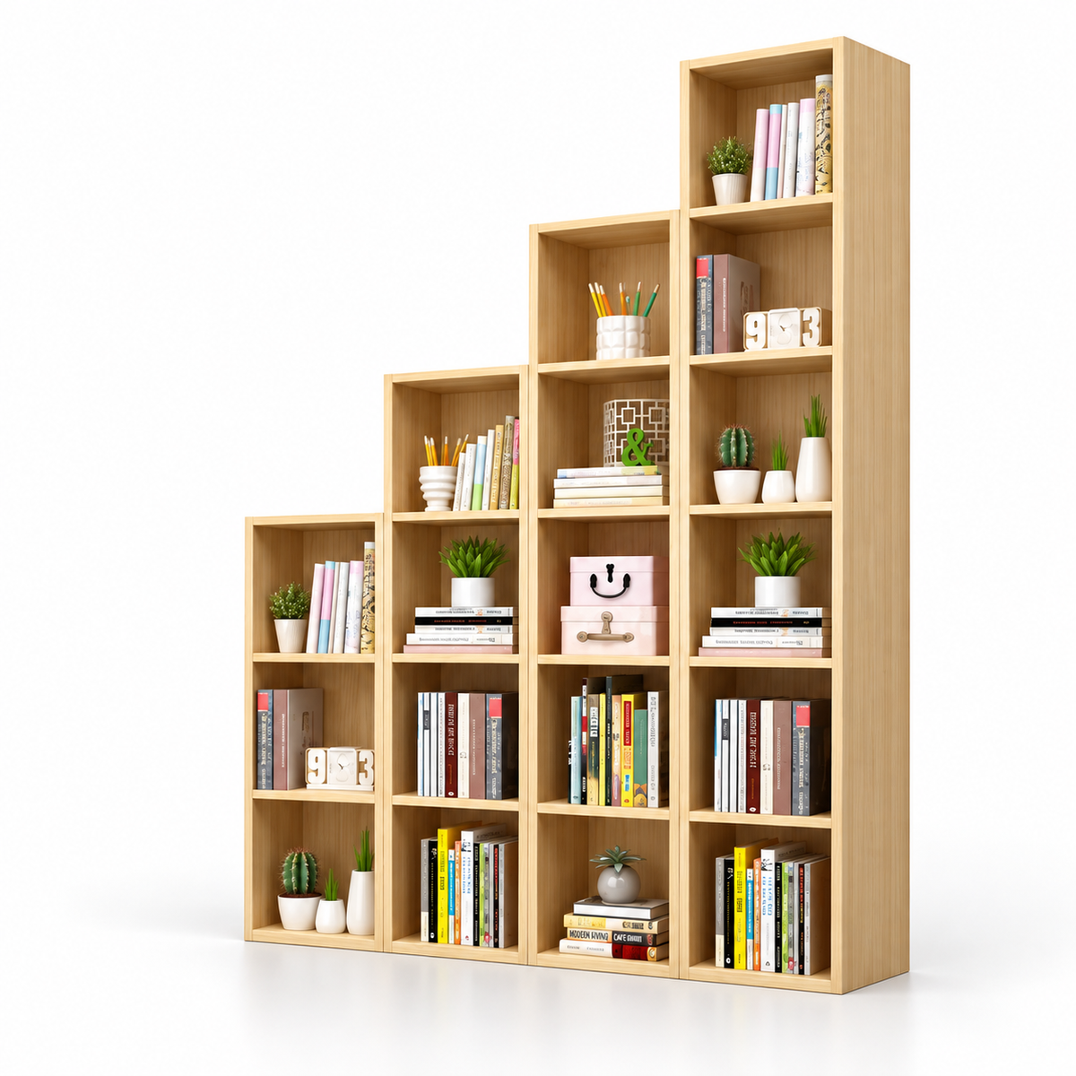 Modern Step-Style Open Bookcase with Multi-Level Display Shelves for Books, Décor, Plants and Everyday Storage