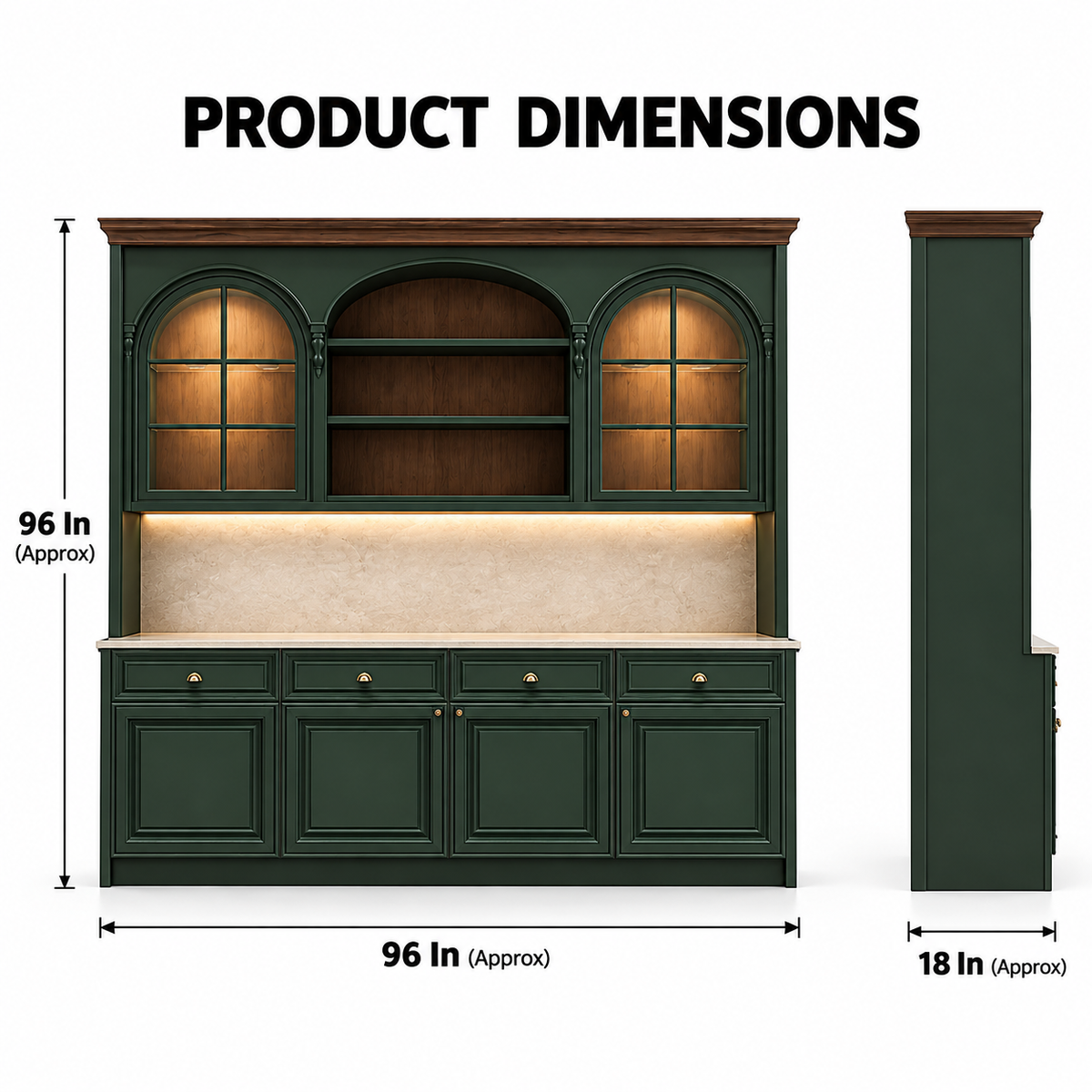Classic Full-Height Display Storage Cabinet with Arched Glass Shelves, Lower Closed Storage and Refined Panel Detailing