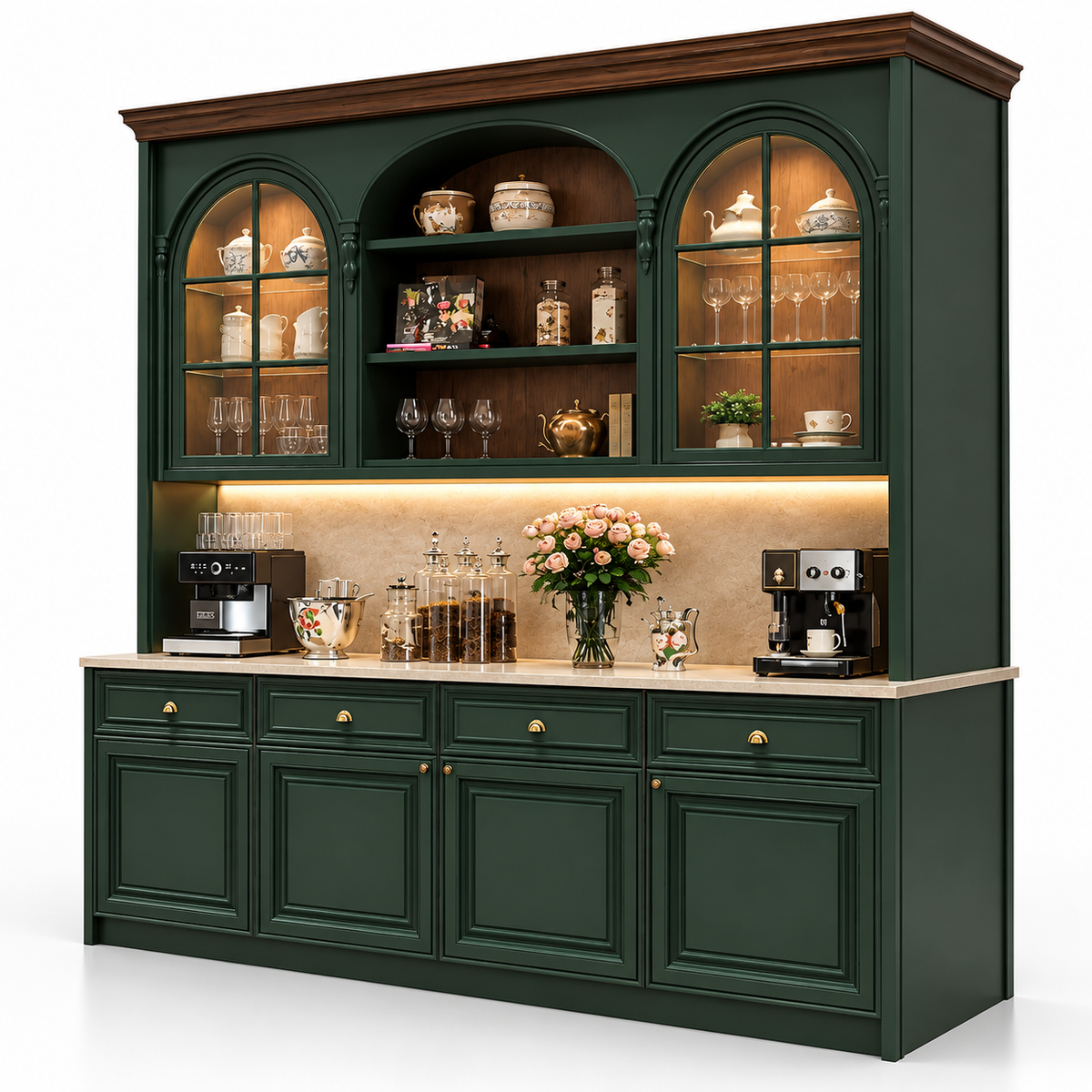 Classic Full-Height Display Storage Cabinet with Arched Glass Shelves, Lower Closed Storage and Refined Panel Detailing