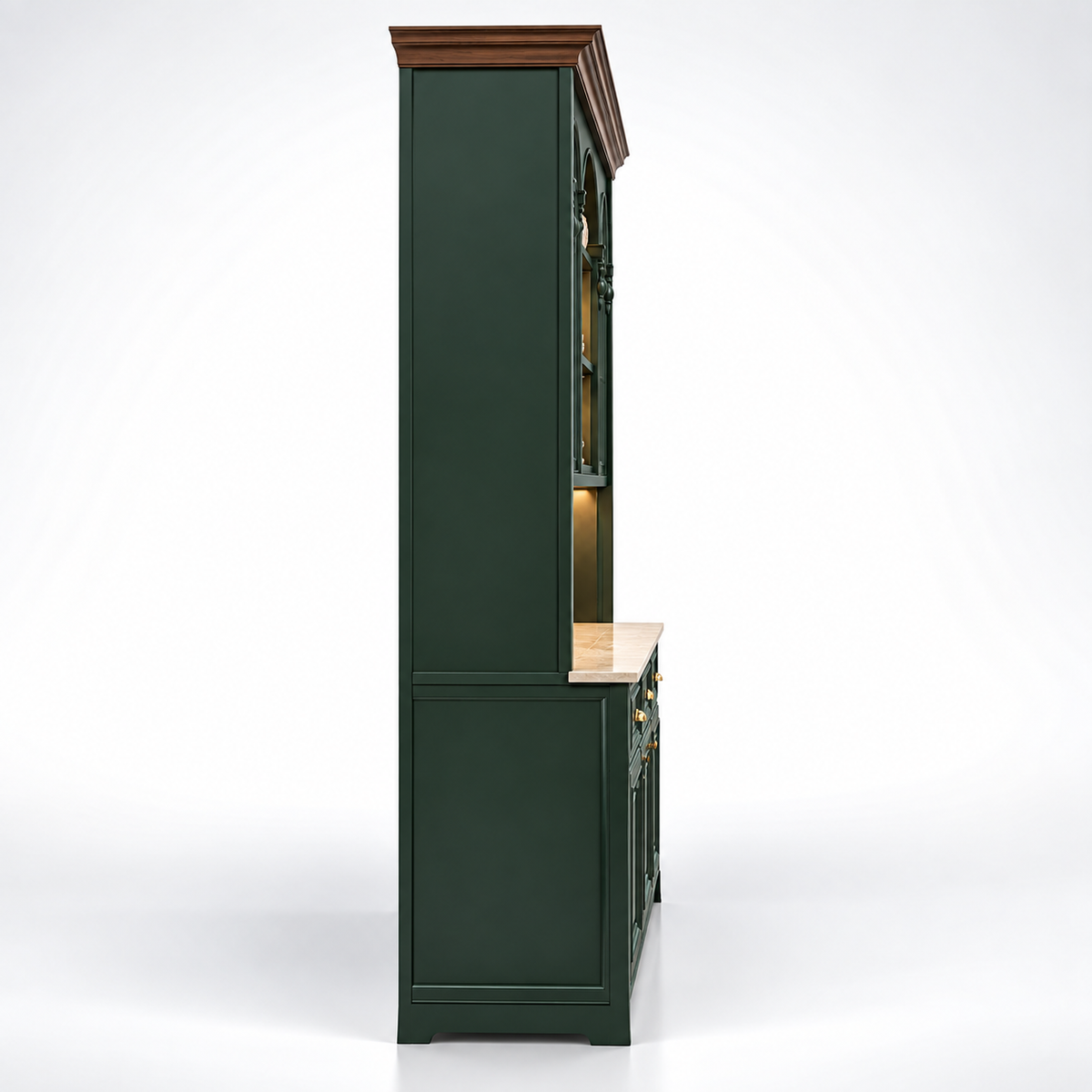 Classic Full-Height Display Storage Cabinet with Arched Glass Shelves, Lower Closed Storage and Refined Panel Detailing
