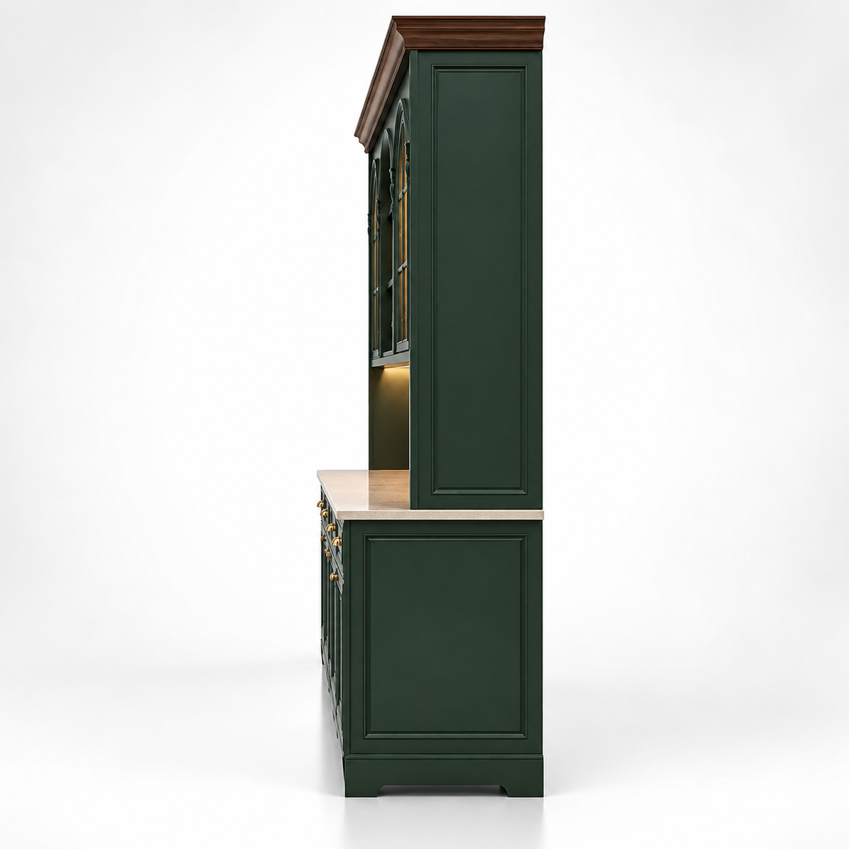 Classic Full-Height Display Storage Cabinet with Arched Glass Shelves, Lower Closed Storage and Refined Panel Detailing