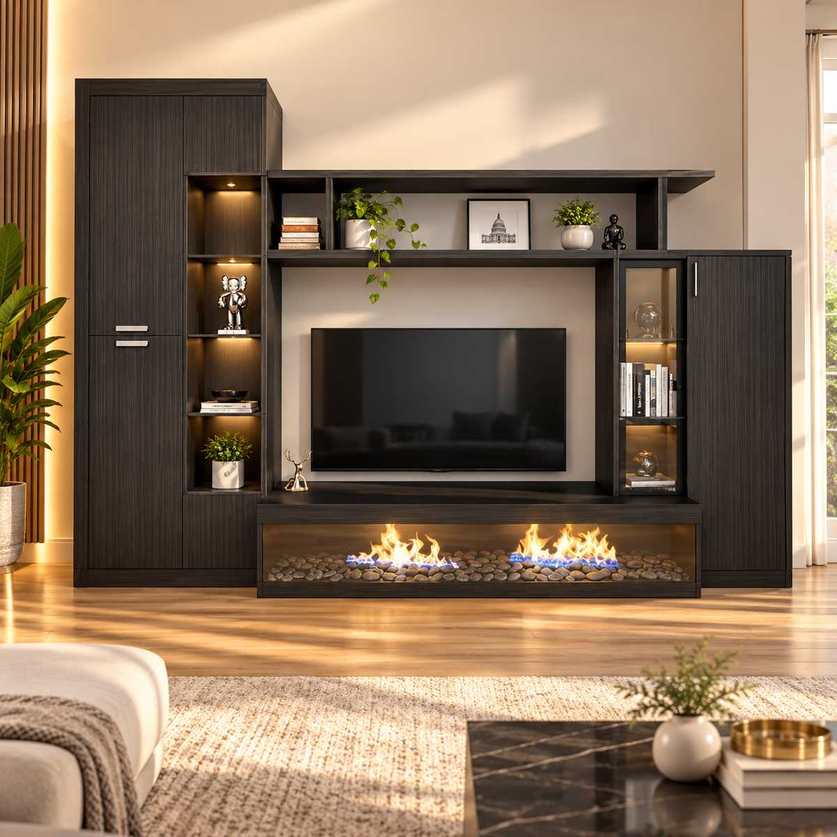 Modern Entertainment Wall Unit with TV Display Space, Tall Closed Cabinets, Open Shelves and Decorative Media Storage