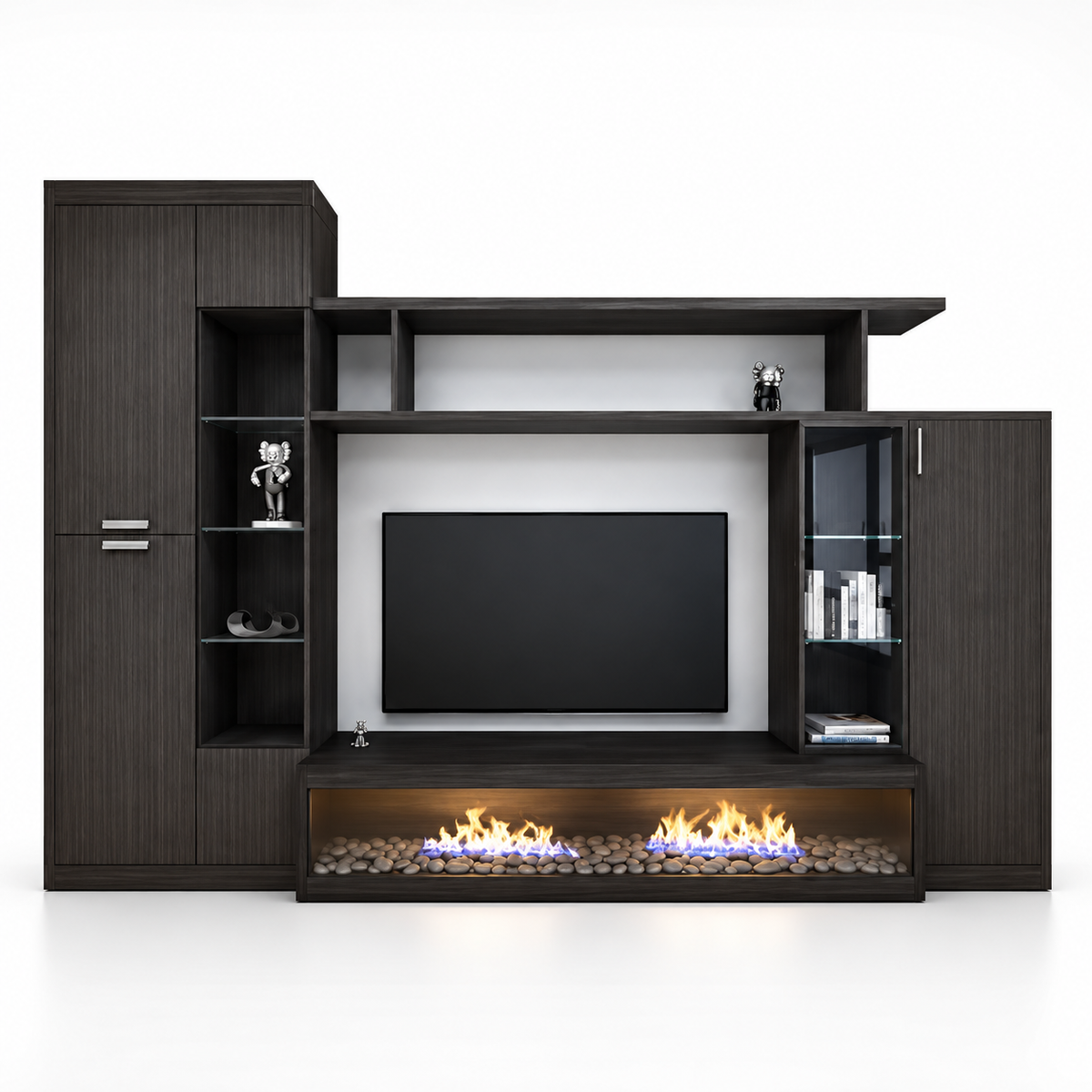 Modern Entertainment Wall Unit with TV Display Space, Tall Closed Cabinets, Open Shelves and Decorative Media Storage