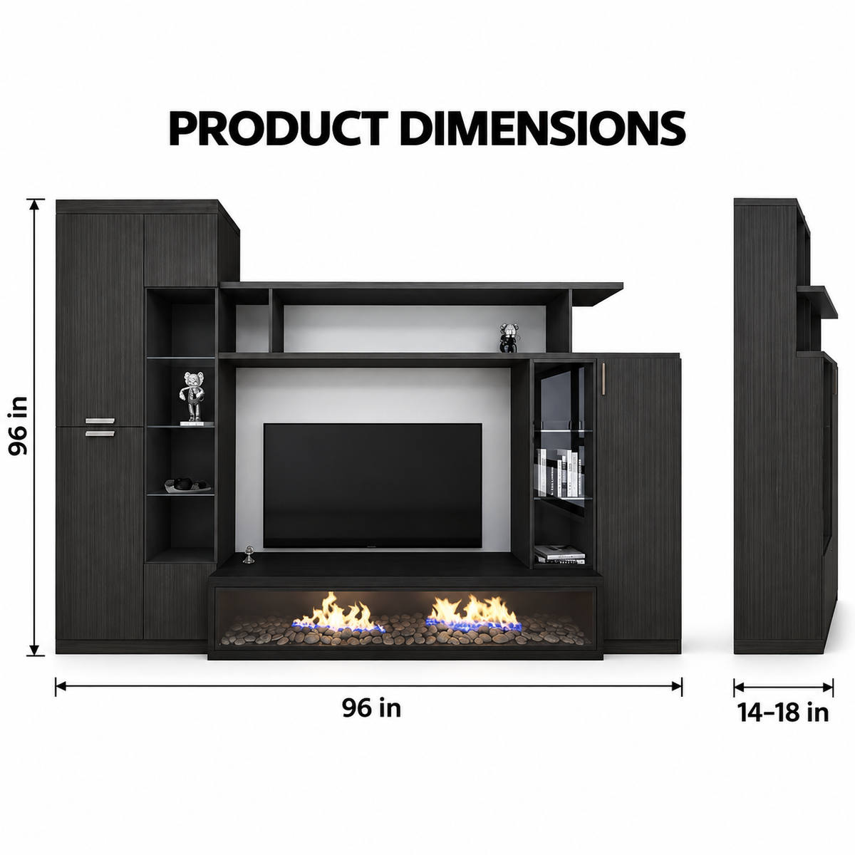 Modern Entertainment Wall Unit with TV Display Space, Tall Closed Cabinets, Open Shelves and Decorative Media Storage
