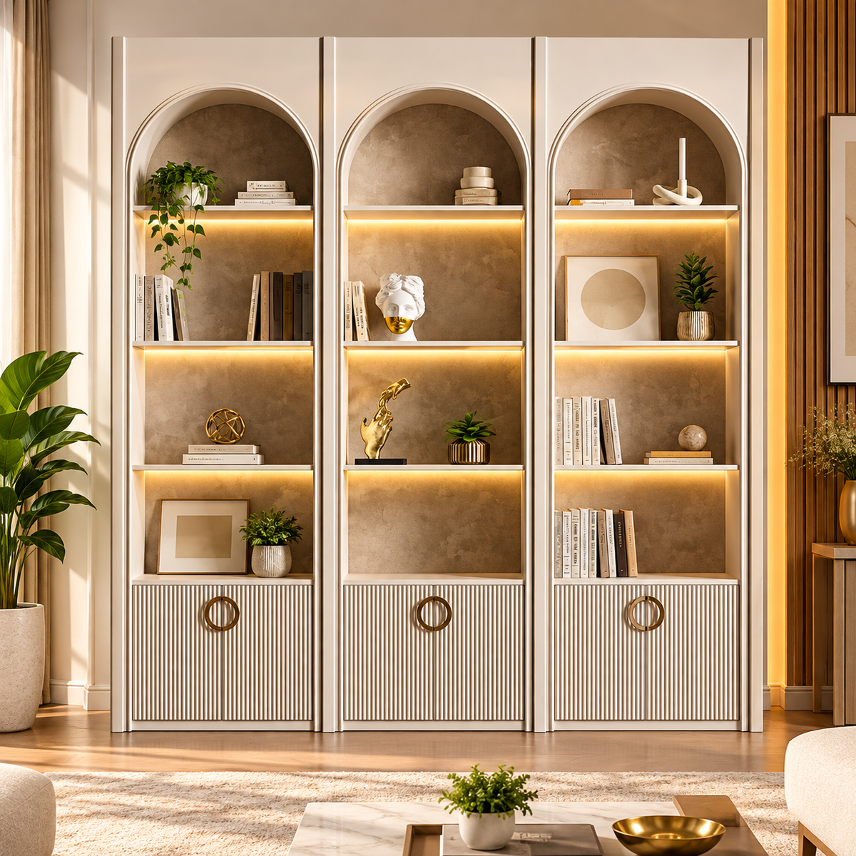 Premium Arched Display & Storage Cabinet with LED-Lit Open Shelves, Fluted Doors, PU Finish and Decorative Ring Handles