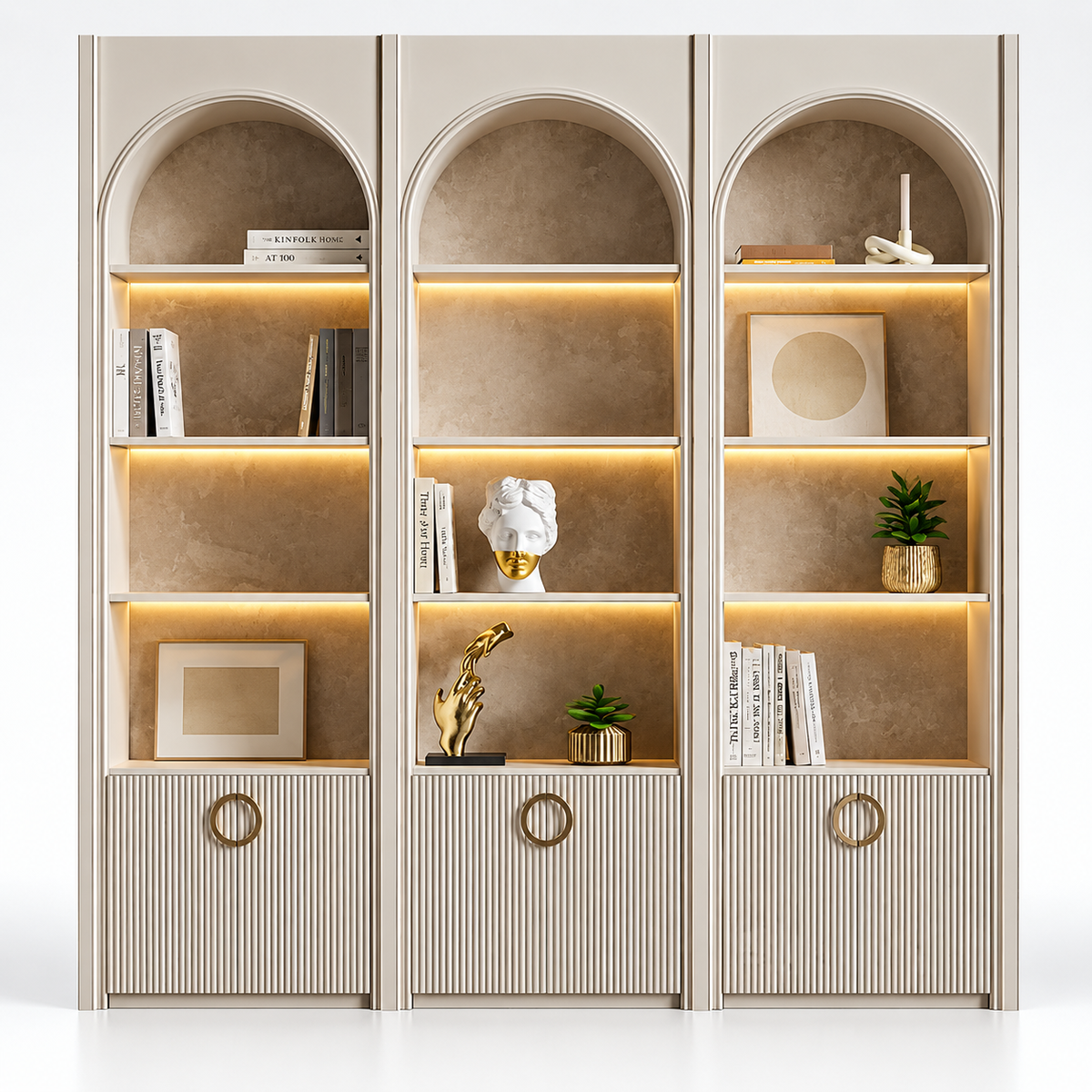 Premium Arched Display & Storage Cabinet with LED-Lit Open Shelves, Fluted Doors, PU Finish and Decorative Ring Handles
