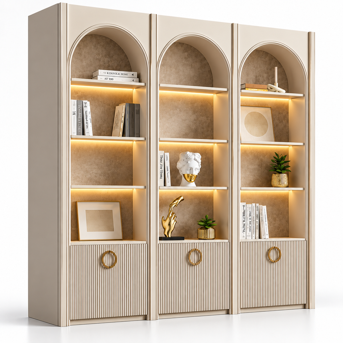 Premium Arched Display & Storage Cabinet with LED-Lit Open Shelves, Fluted Doors, PU Finish and Decorative Ring Handles