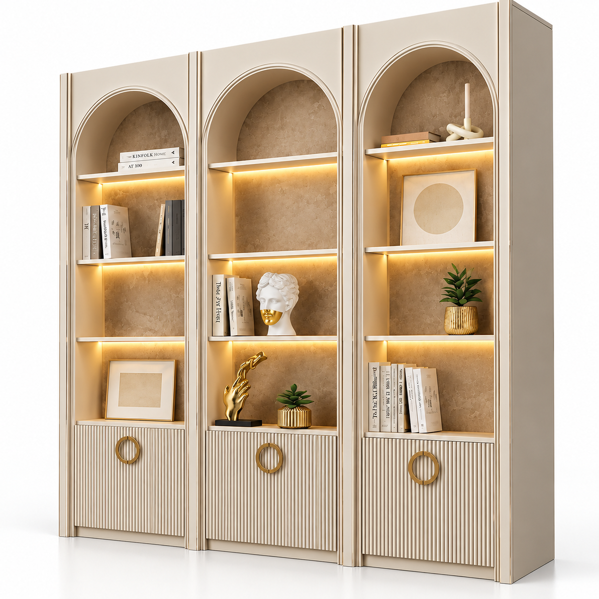 Premium Arched Display & Storage Cabinet with LED-Lit Open Shelves, Fluted Doors, PU Finish and Decorative Ring Handles