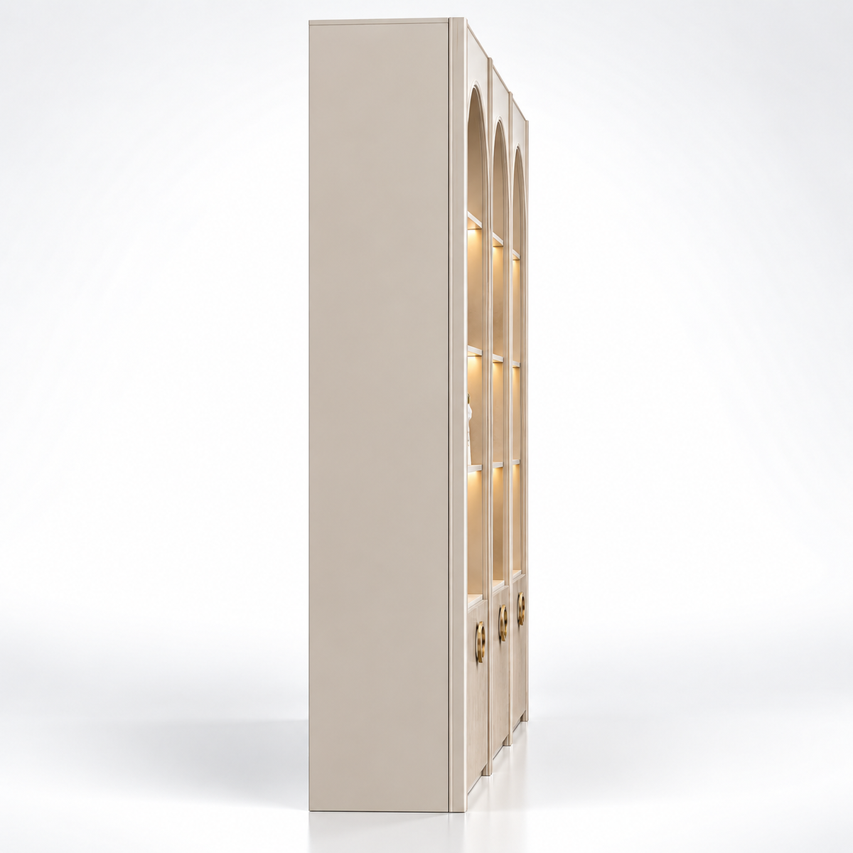 Premium Arched Display & Storage Cabinet with LED-Lit Open Shelves, Fluted Doors, PU Finish and Decorative Ring Handles