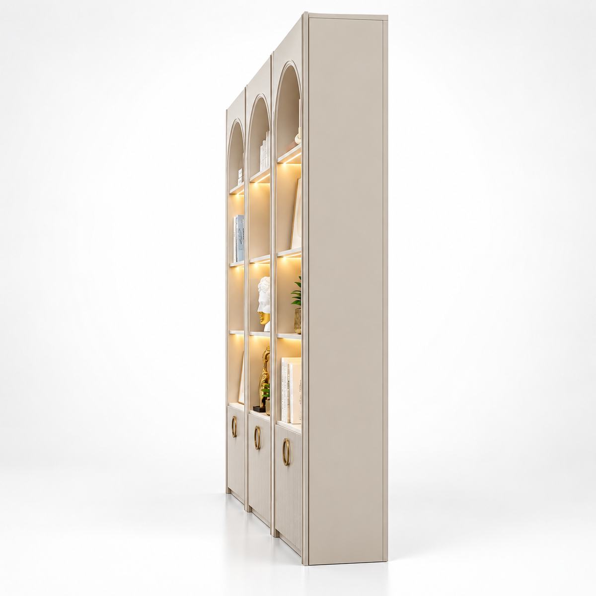 Premium Arched Display & Storage Cabinet with LED-Lit Open Shelves, Fluted Doors, PU Finish and Decorative Ring Handles