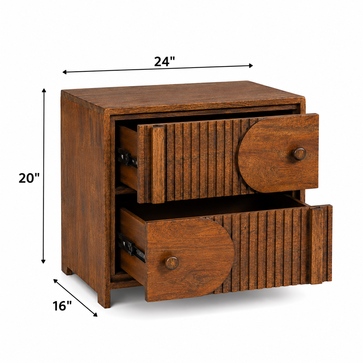 Modern Mango Wood Bedside Table with 2 Spacious Drawers, Geometric Fluted Front, Solid Wooden Legs, Bedroom Nightstand for Home