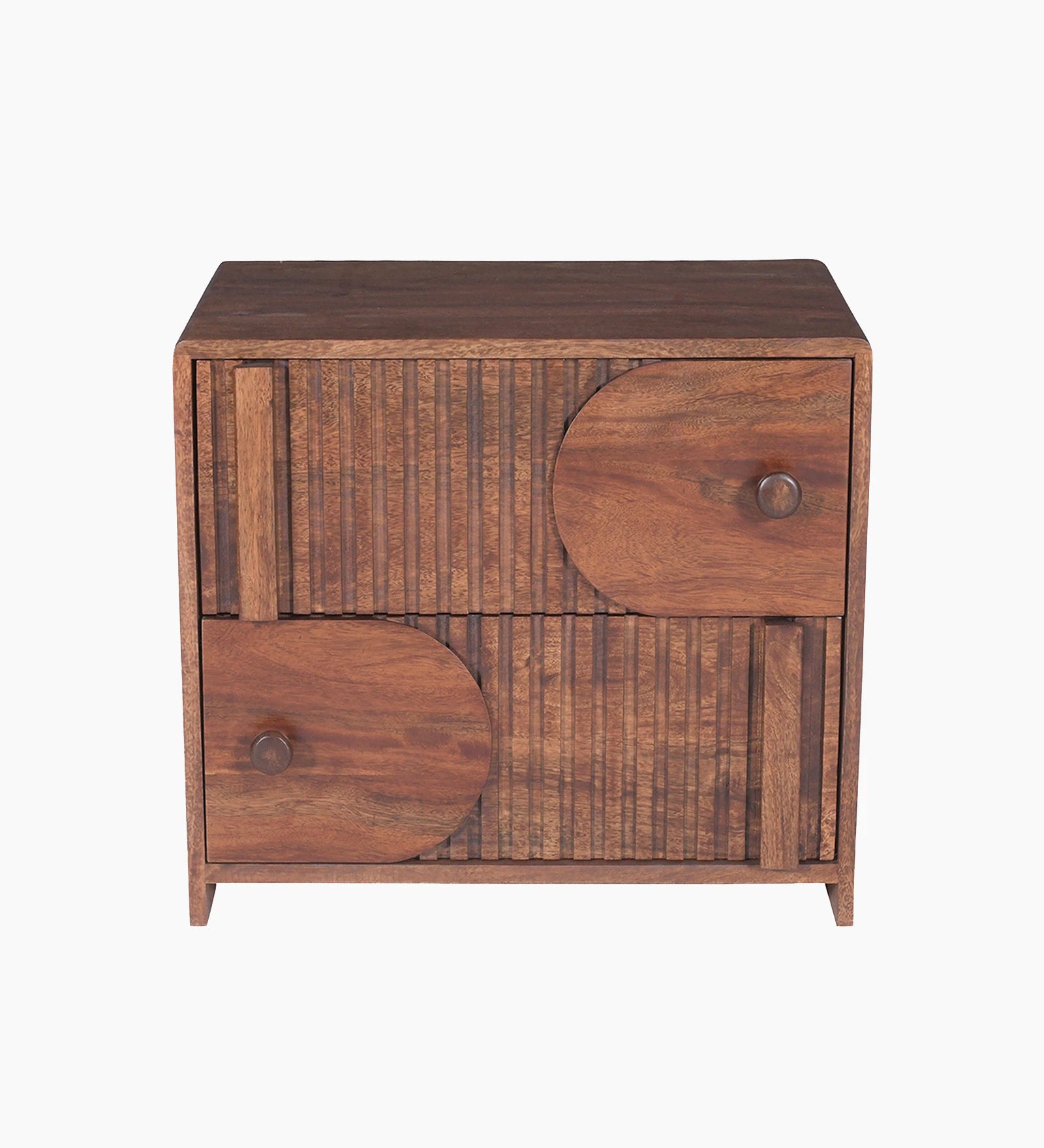 Modern Mango Wood Bedside Table with 2 Spacious Drawers, Geometric Fluted Front, Solid Wooden Legs, Bedroom Nightstand for Home