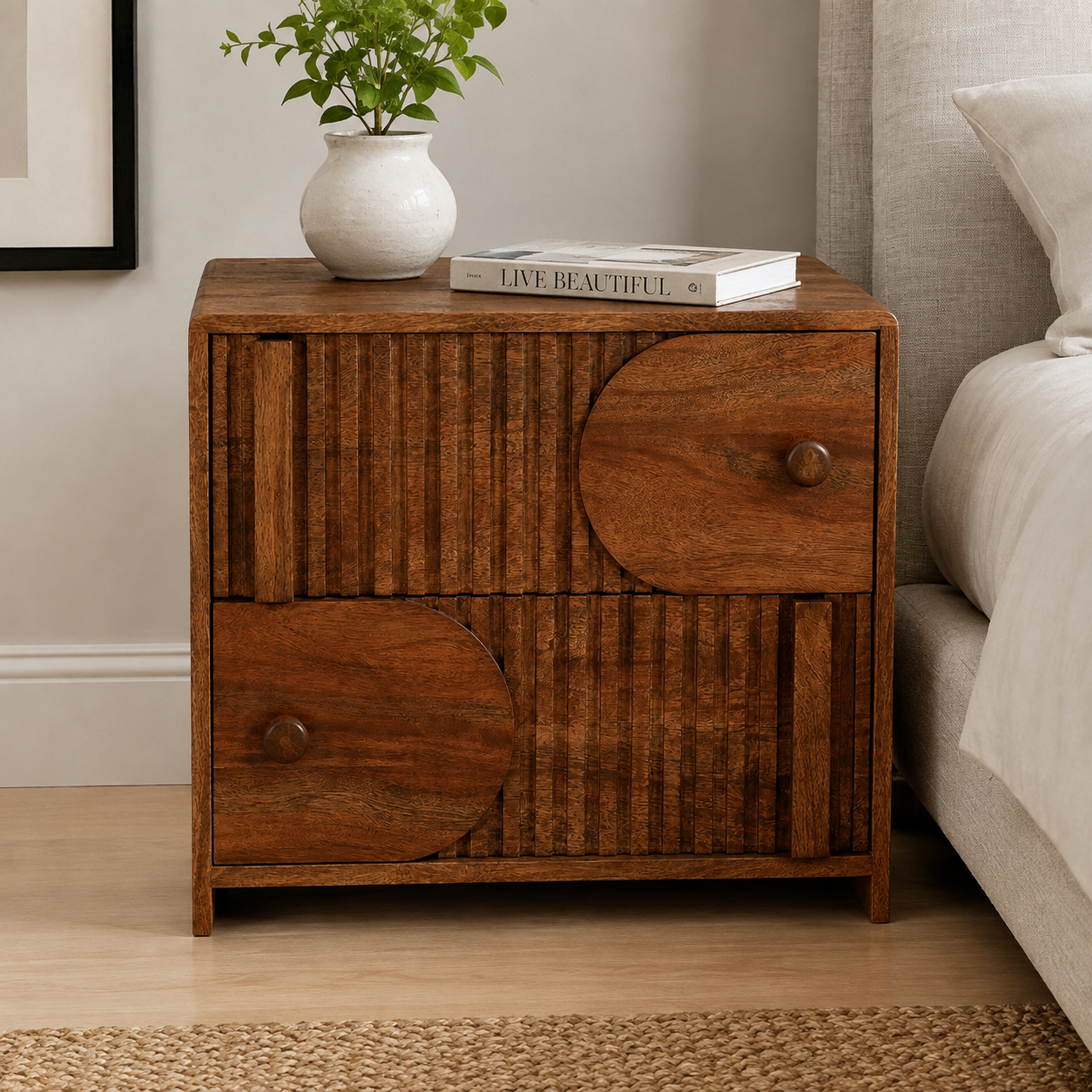 Modern Mango Wood Bedside Table with 2 Spacious Drawers, Geometric Fluted Front, Solid Wooden Legs, Bedroom Nightstand for Home