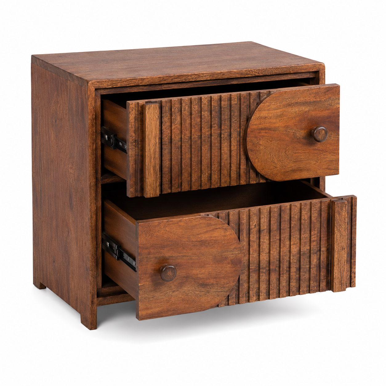 Modern Mango Wood Bedside Table with 2 Spacious Drawers, Geometric Fluted Front, Solid Wooden Legs, Bedroom Nightstand for Home