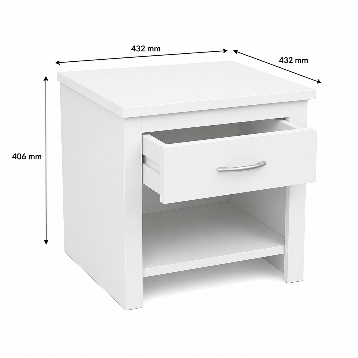 White Bedside Table with 1 Drawer & Open Shelf, MDF Laminate Nightstand, Space Saving Bedside Cabinet for Bedroom