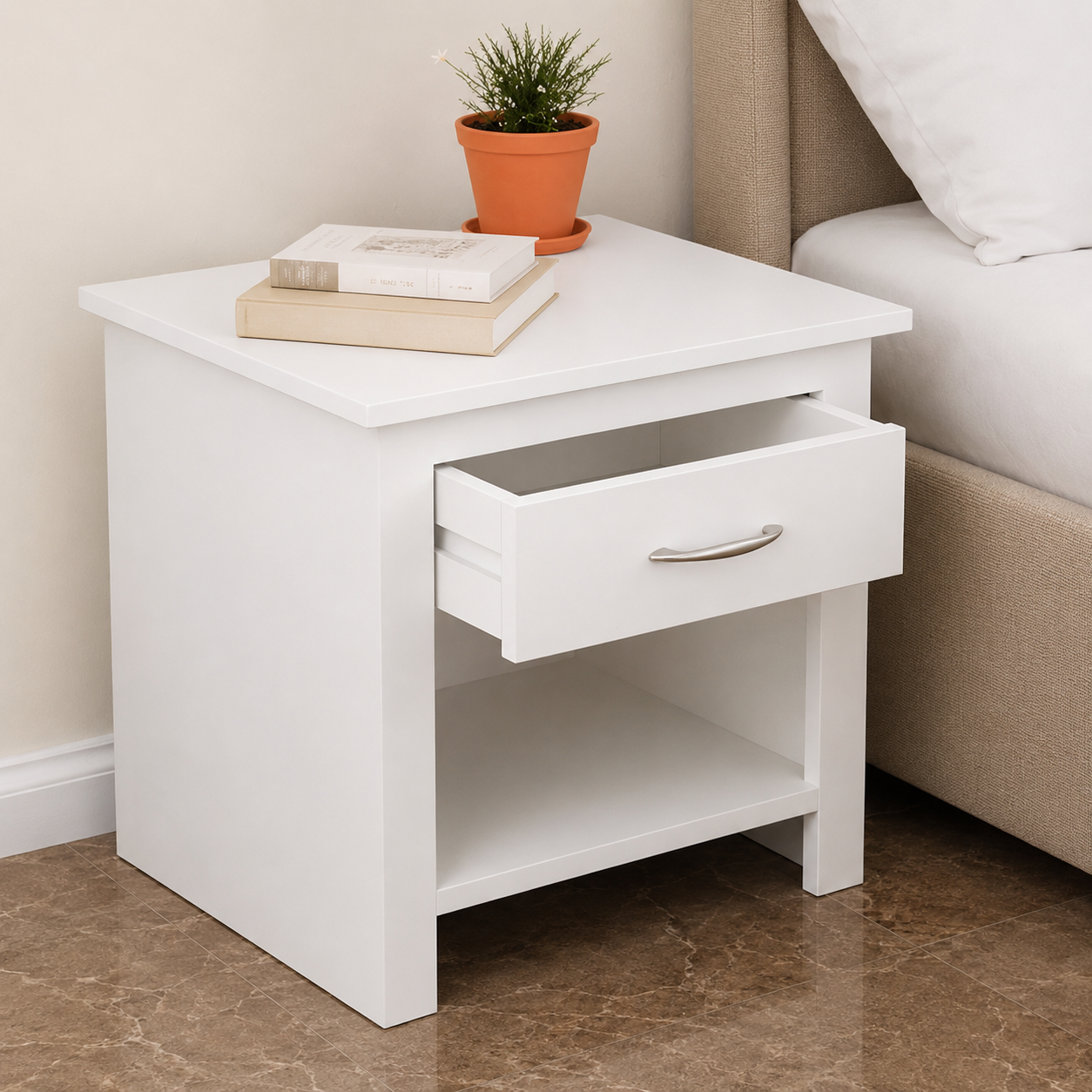 White Bedside Table with 1 Drawer & Open Shelf, MDF Laminate Nightstand, Space Saving Bedside Cabinet for Bedroom
