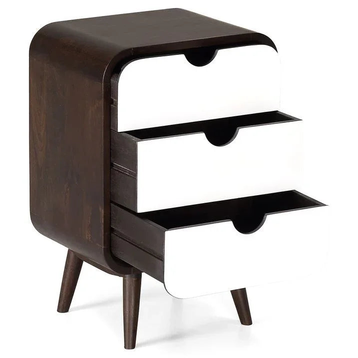 Mango Wood Bedside Table with 3 Drawers, Rounded Edge Nightstand, Modern Wooden Side Table for Bedroom & Living Room Storage
