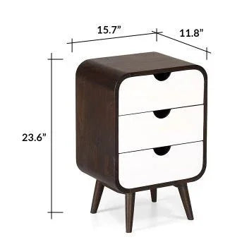 Mango Wood Bedside Table with 3 Drawers, Rounded Edge Nightstand, Modern Wooden Side Table for Bedroom & Living Room Storage