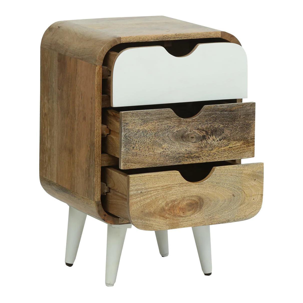 Mango Wood Bedside Table with 3 Drawers, Rounded Edge Nightstand, Modern Wooden Side Table for Bedroom & Living Room Storage