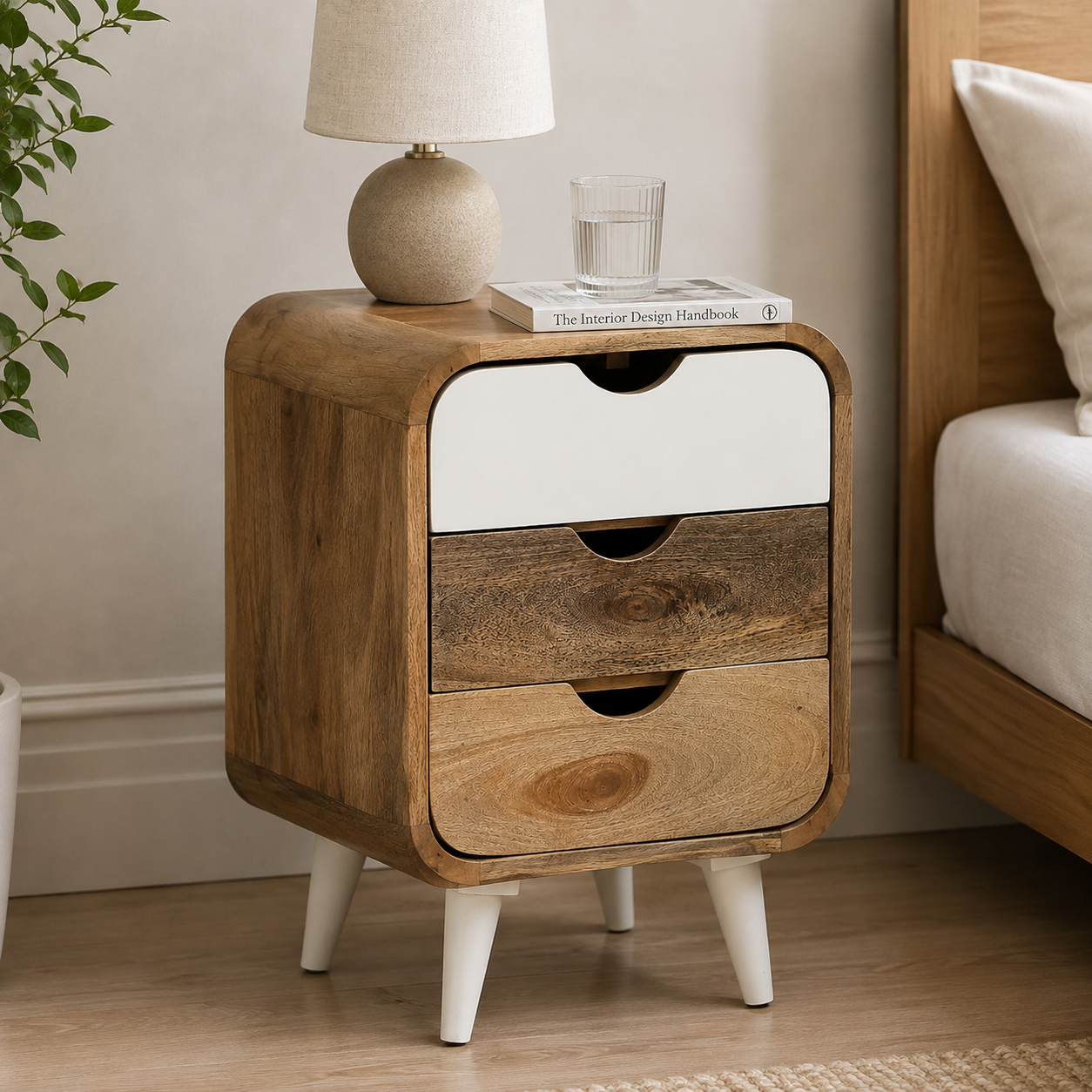 Mango Wood Bedside Table with 3 Drawers, Rounded Edge Nightstand, Modern Wooden Side Table for Bedroom & Living Room Storage