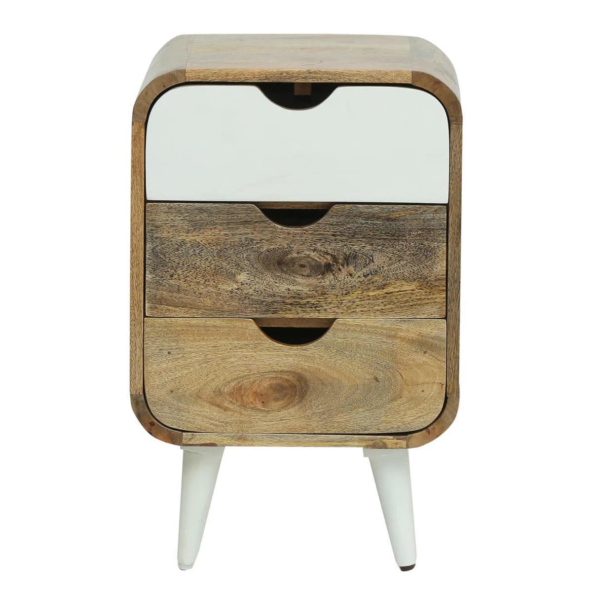 Mango Wood Bedside Table with 3 Drawers, Rounded Edge Nightstand, Modern Wooden Side Table for Bedroom & Living Room Storage