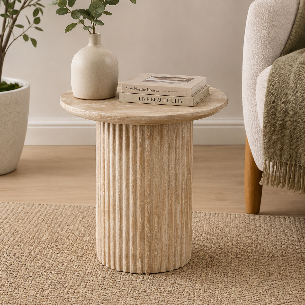 Pine Wood Round Bedside Table with Fluted Pedestal Base, Modern Scandinavian Accent End Table for Bedroom, Living Room & Lounge