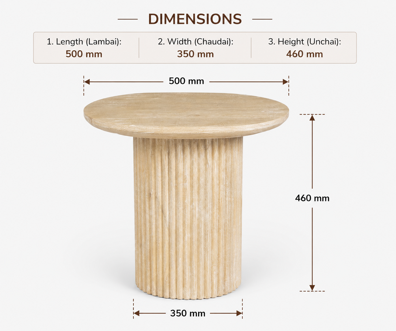 Pine Wood Round Bedside Table with Fluted Pedestal Base, Modern Scandinavian Accent End Table for Bedroom, Living Room & Lounge