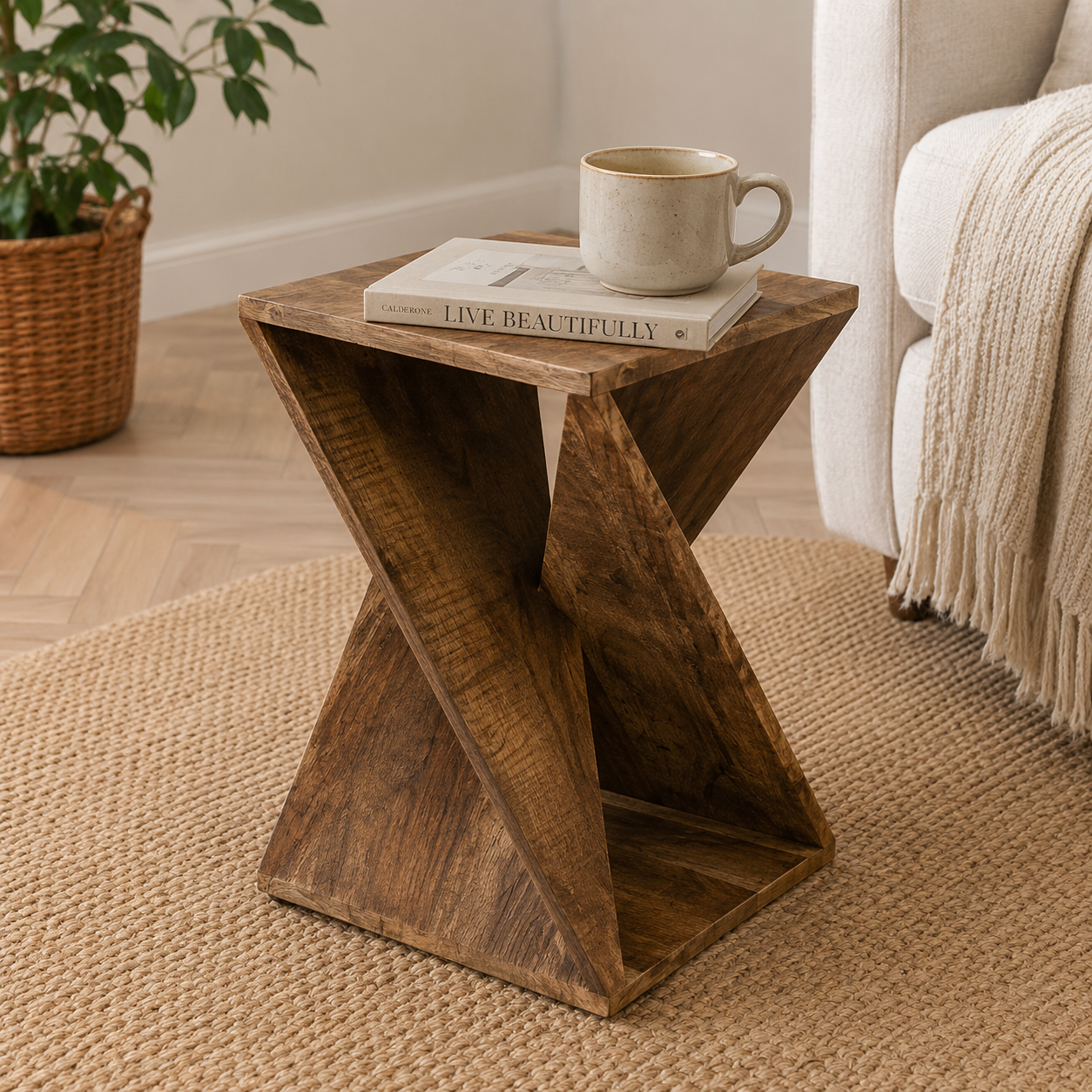 Geometric X Shape Bedside Table with Open Shelf, Modern Rustic End Table for Bedroom, Living Room & Compact Home Spaces