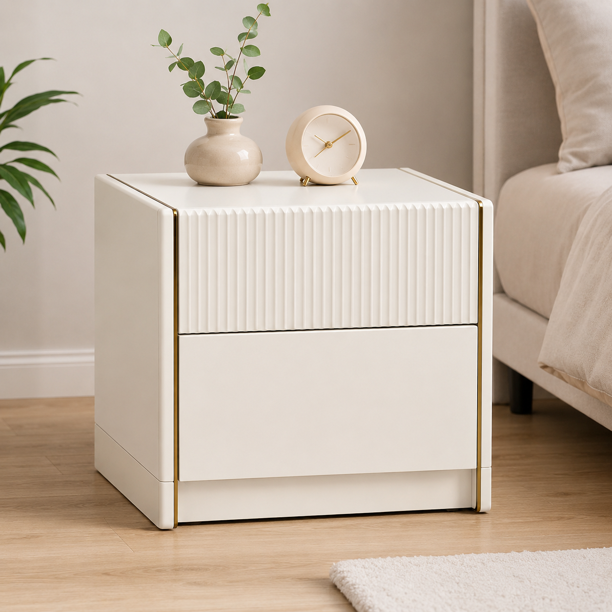 Drawer Bedside Table for Bedroom, White MDF Nightstand with Fluted Drawer Front, Gold Accent Trim & Soft Close Storage