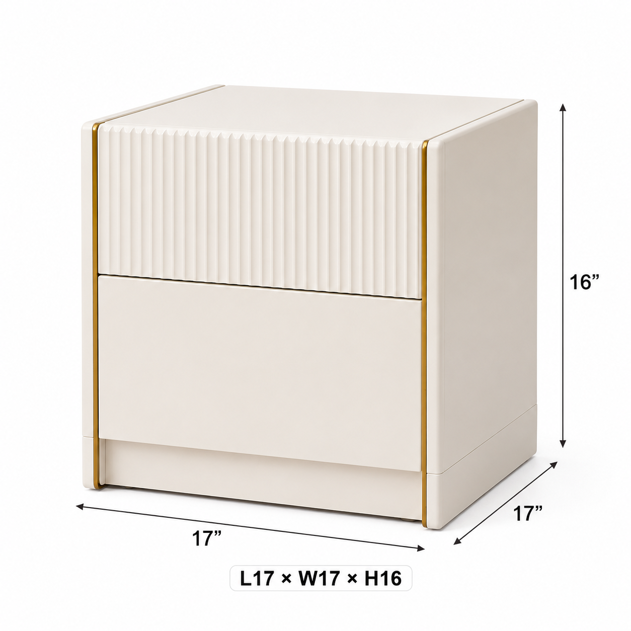Drawer Bedside Table for Bedroom, White MDF Nightstand with Fluted Drawer Front, Gold Accent Trim & Soft Close Storage