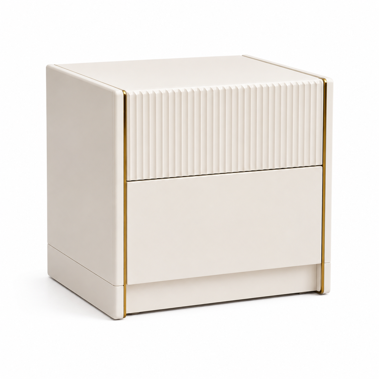 Drawer Bedside Table for Bedroom, White MDF Nightstand with Fluted Drawer Front, Gold Accent Trim & Soft Close Storage