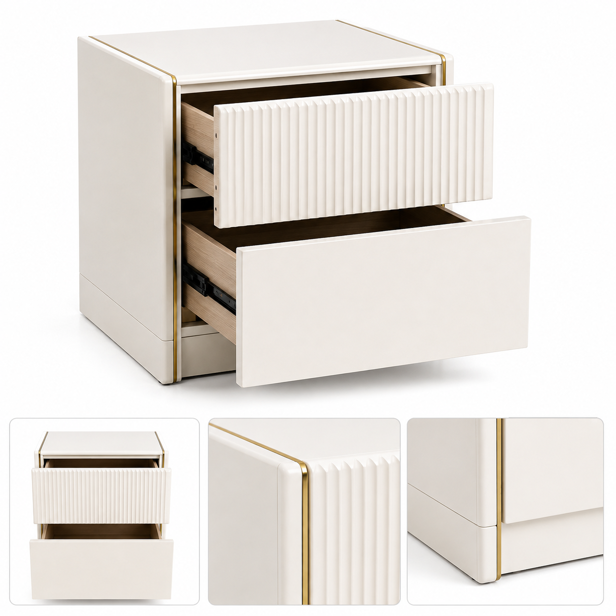 Drawer Bedside Table for Bedroom, White MDF Nightstand with Fluted Drawer Front, Gold Accent Trim & Soft Close Storage
