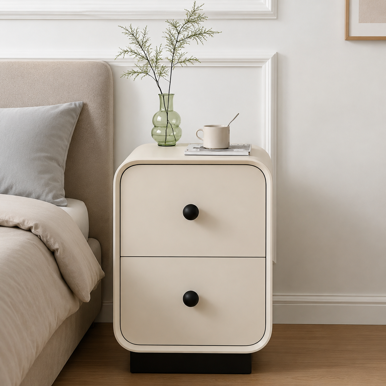 Curved 2 Drawer Bedside Table with MDF Laminate Finish, Cream Nightstand, Soft Edge Storage Cabinet for Bedroom, Apartment & Contemporary Interiors