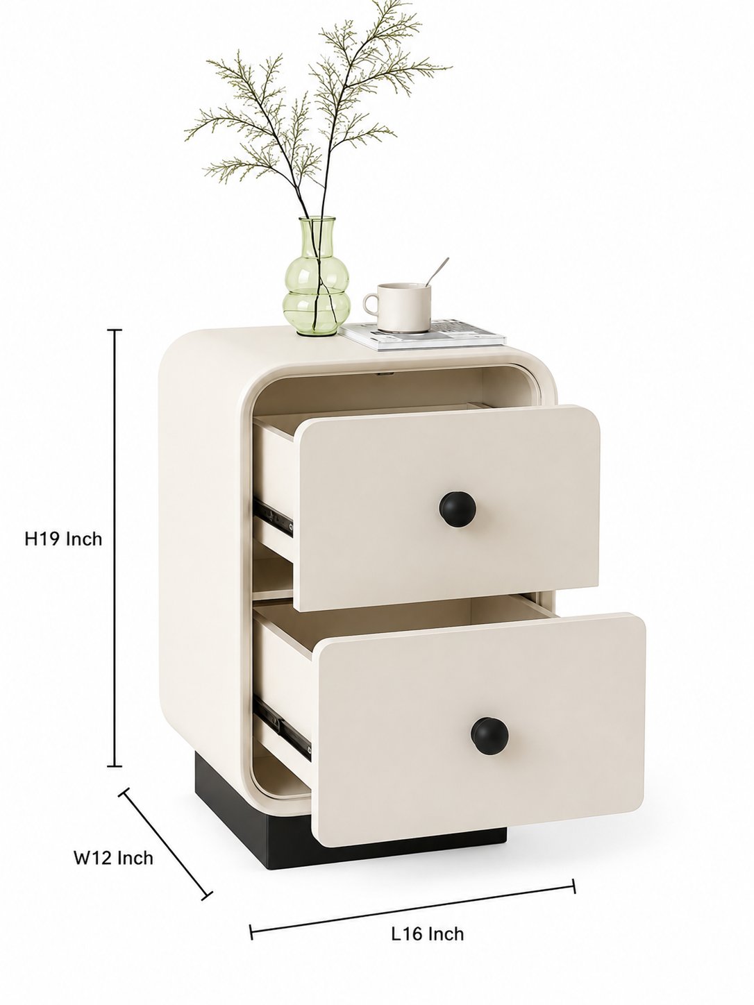 Curved 2 Drawer Bedside Table with MDF Laminate Finish, Cream Nightstand, Soft Edge Storage Cabinet for Bedroom, Apartment & Contemporary Interiors