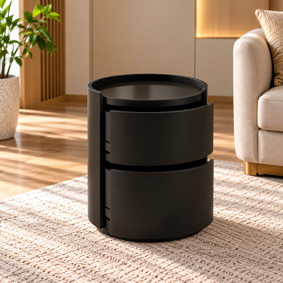 Modern Round Side Table with 2 Storage Drawers, Raised Edge Top & Compact Design for Sofa Side, Bedroom, Lounge & Living Room