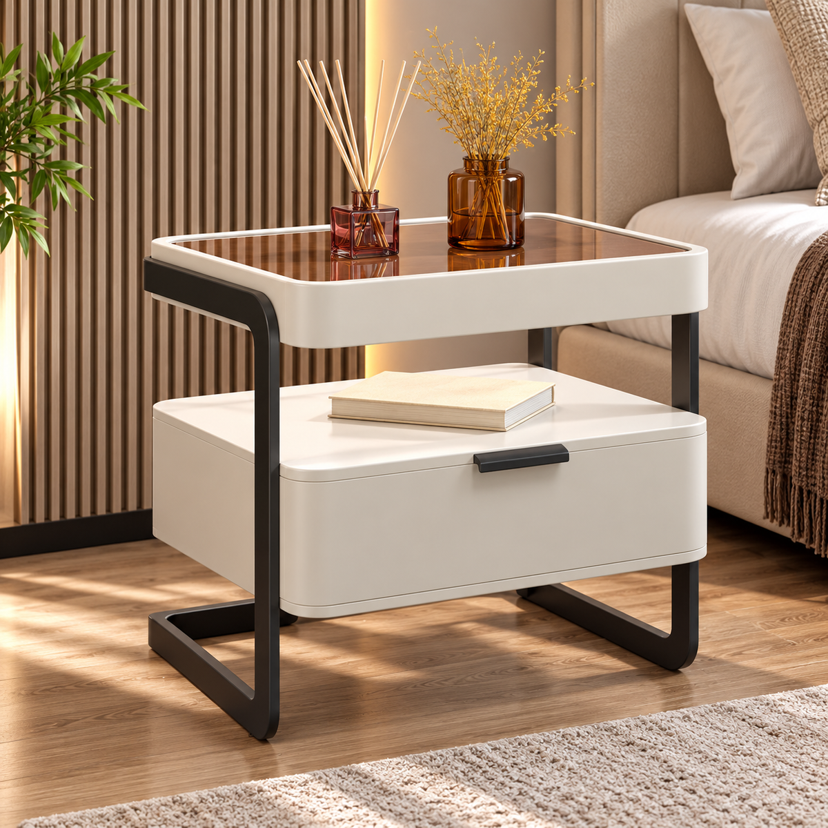 Modern Side Table with Storage Drawer, Open Shelf & Raised Tray Top for Sofa Side, Bedroom, Living Room, Lounge & Hotel