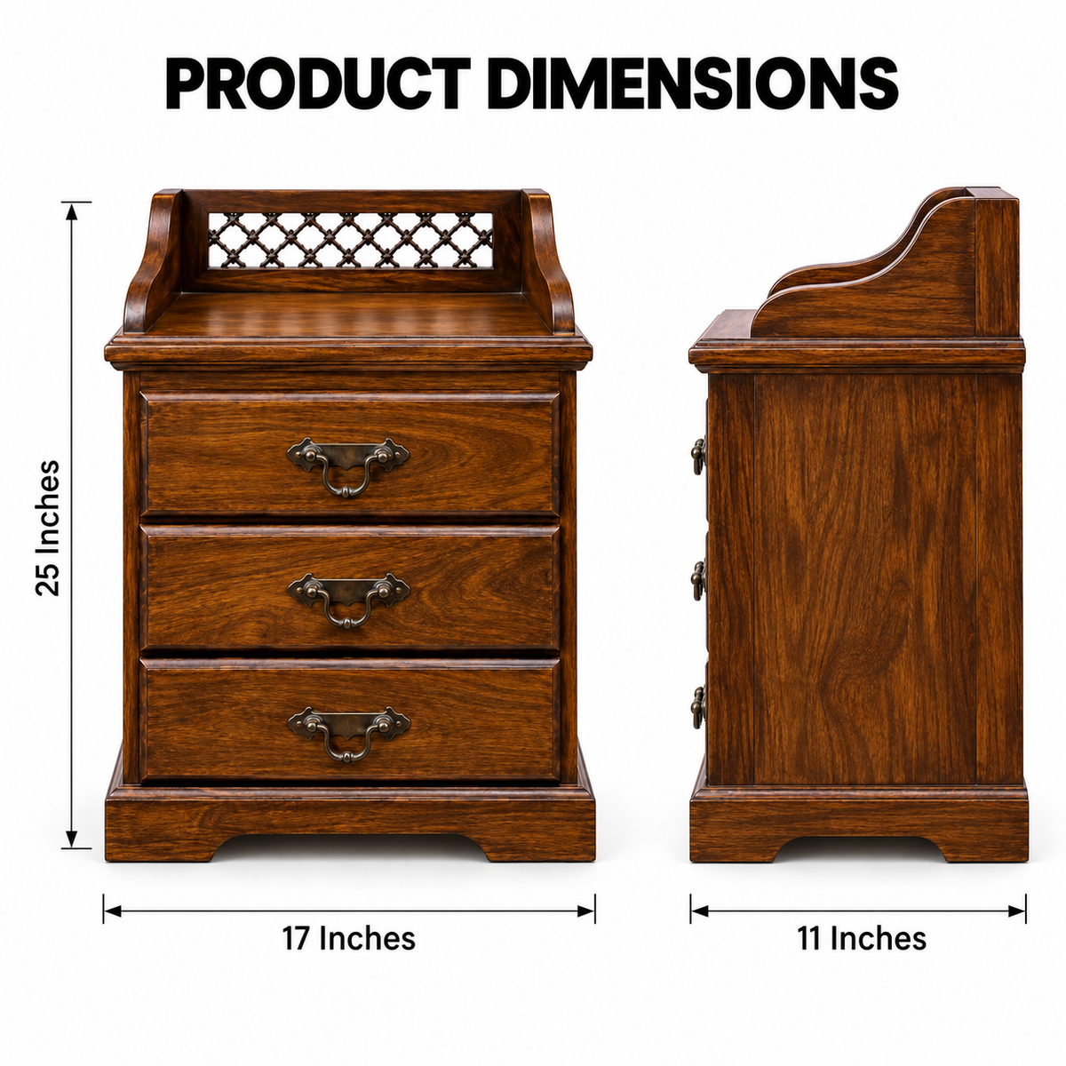 Classic 3 Drawer Bedside Table with Raised Display Top, Decorative Handles & Compact Storage for Bedroom, Living Room & Hotel