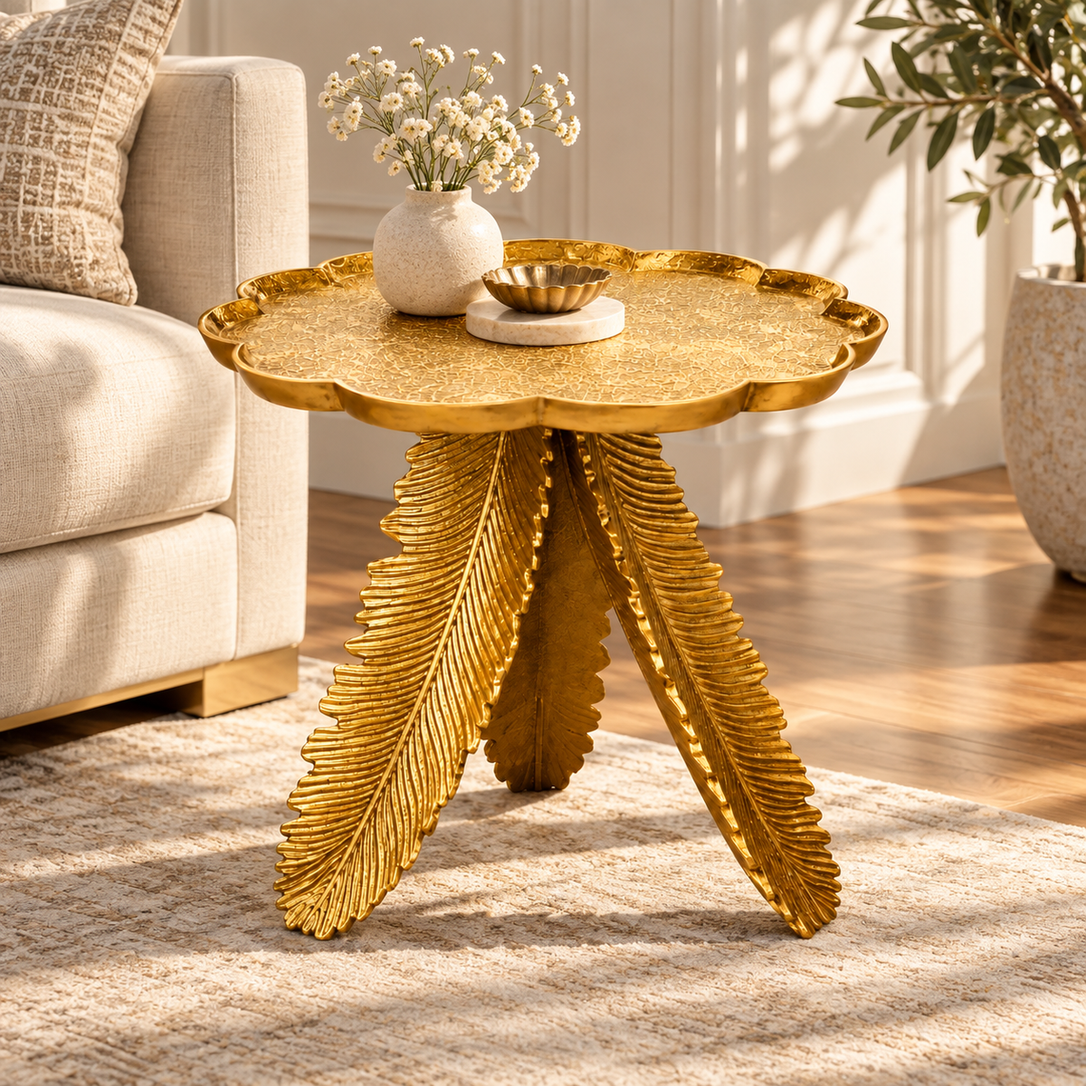 Luxury Round Accent Side Table with Leaf-Shaped Sculptural Base & Decorative Tray Top for Living Room, Lounge, Bedroom & Hotel