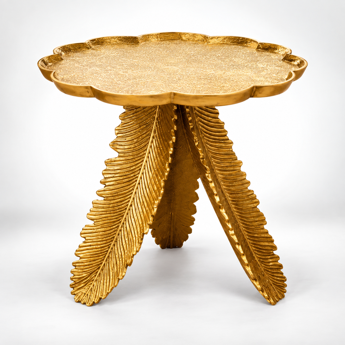 Luxury Round Accent Side Table with Leaf-Shaped Sculptural Base & Decorative Tray Top for Living Room, Lounge, Bedroom & Hotel