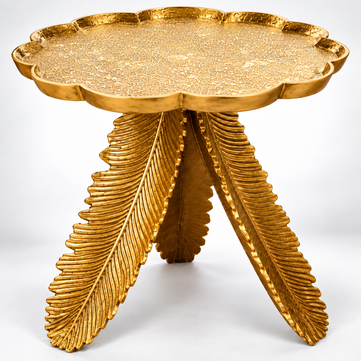 Luxury Round Accent Side Table with Leaf-Shaped Sculptural Base & Decorative Tray Top for Living Room, Lounge, Bedroom & Hotel
