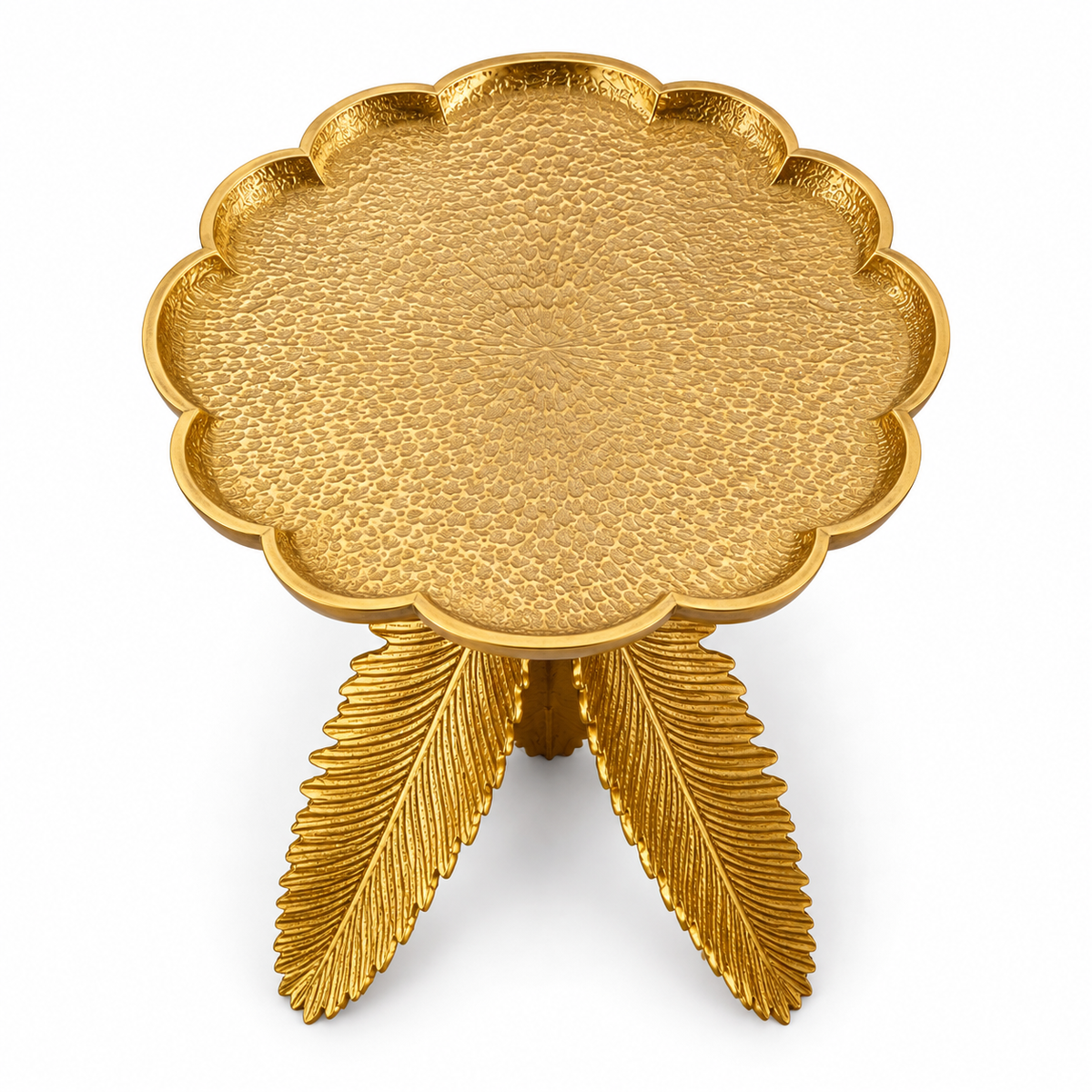 Luxury Round Accent Side Table with Leaf-Shaped Sculptural Base & Decorative Tray Top for Living Room, Lounge, Bedroom & Hotel