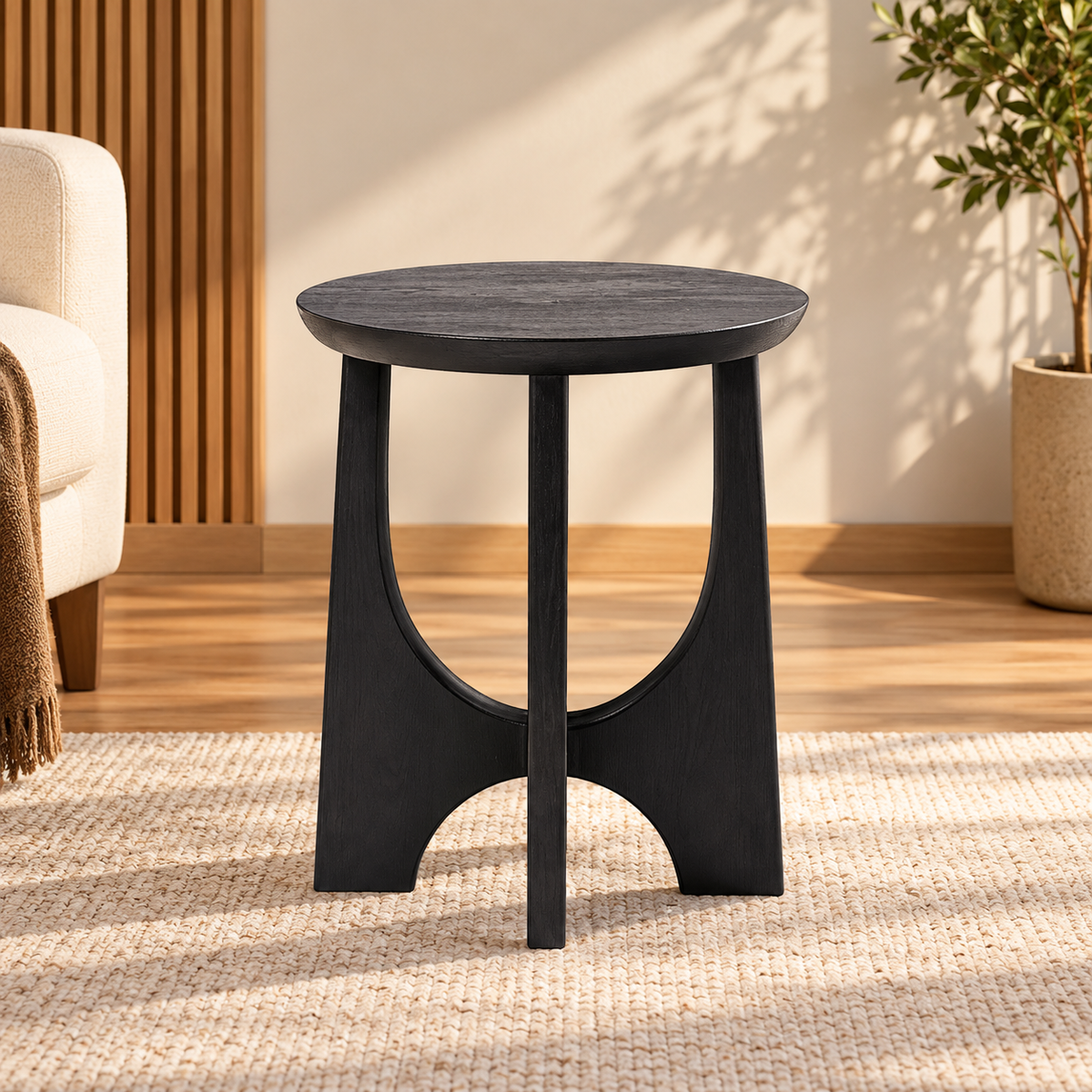 Modern Round Side Table with Sculptural Cut-Out Base, Compact Space-Saving Design for Sofa Side, Bedroom, Lounge & Living Room