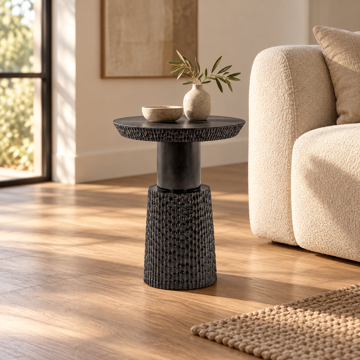 Modern Round Side Table with Textured Pedestal Base, Raised Edge Top & Compact Design for Living Room, Bedroom, Lounge & Hotel