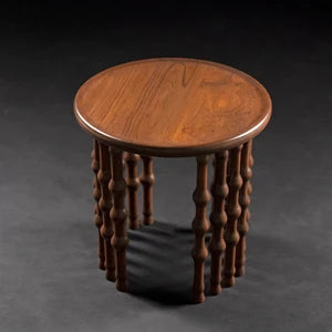 Round Side Table with Turned Spindle Base, Raised Edge Top & Artistic Open Design for Living Room, Bedroom, Lounge & Hotel