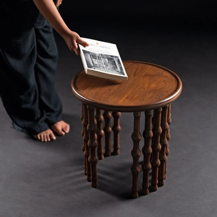 Round Side Table with Turned Spindle Base, Raised Edge Top & Artistic Open Design for Living Room, Bedroom, Lounge & Hotel