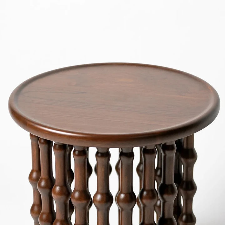 Round Side Table with Turned Spindle Base, Raised Edge Top & Artistic Open Design for Living Room, Bedroom, Lounge & Hotel