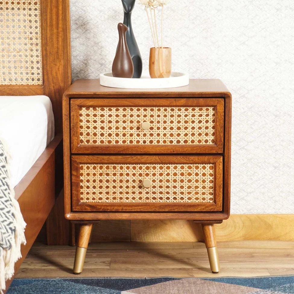 Modern 2 Drawer Bedside Table with Rattan Fronts, Rounded Frame & Tapered Legs for Bedroom, Living Room, Lounge & Hotel