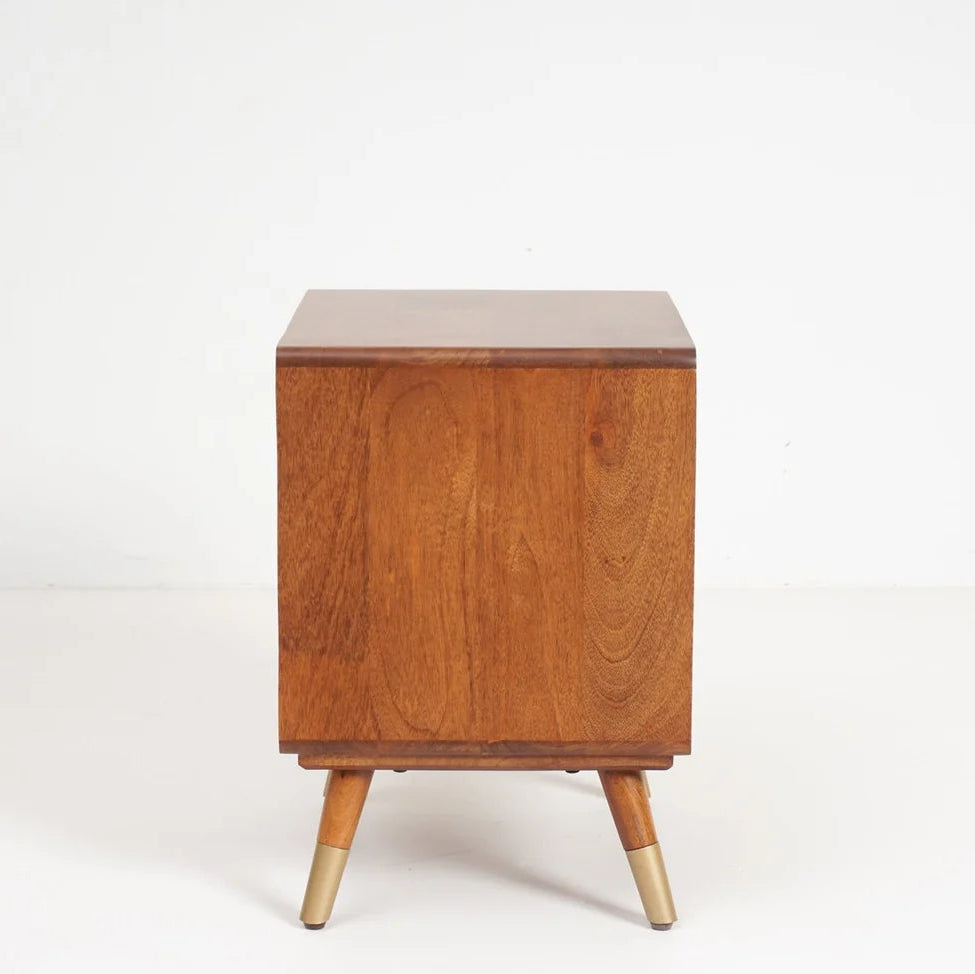 Modern 2 Drawer Bedside Table with Rattan Fronts, Rounded Frame & Tapered Legs for Bedroom, Living Room, Lounge & Hotel