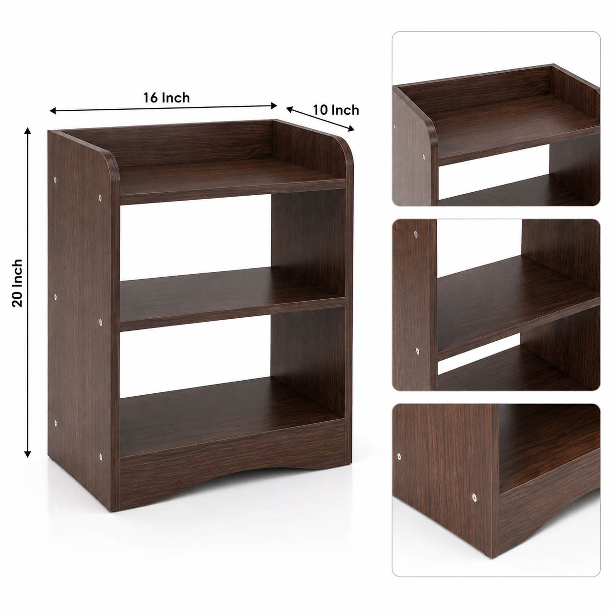 Modern 3 Tier Open Shelf Bedside Table for Bedroom, Dark Walnut Particle Board Nightstand with Spacious Storage, Compact Wooden Side Table